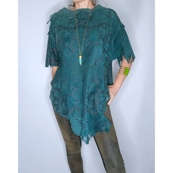 Vintage LEATHER Suede Fringes Top Blouse Asymmetrical Leather Blouse SOFT S - Picture 4 of 10
